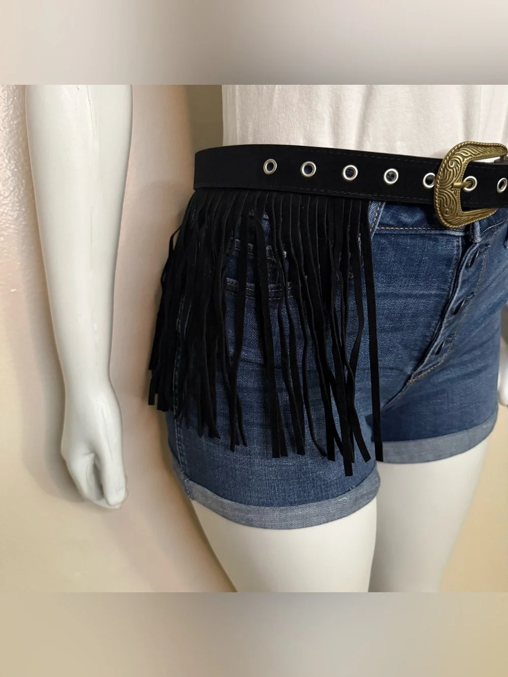 Black PU suede leather fringe details with old gold tone buckle
